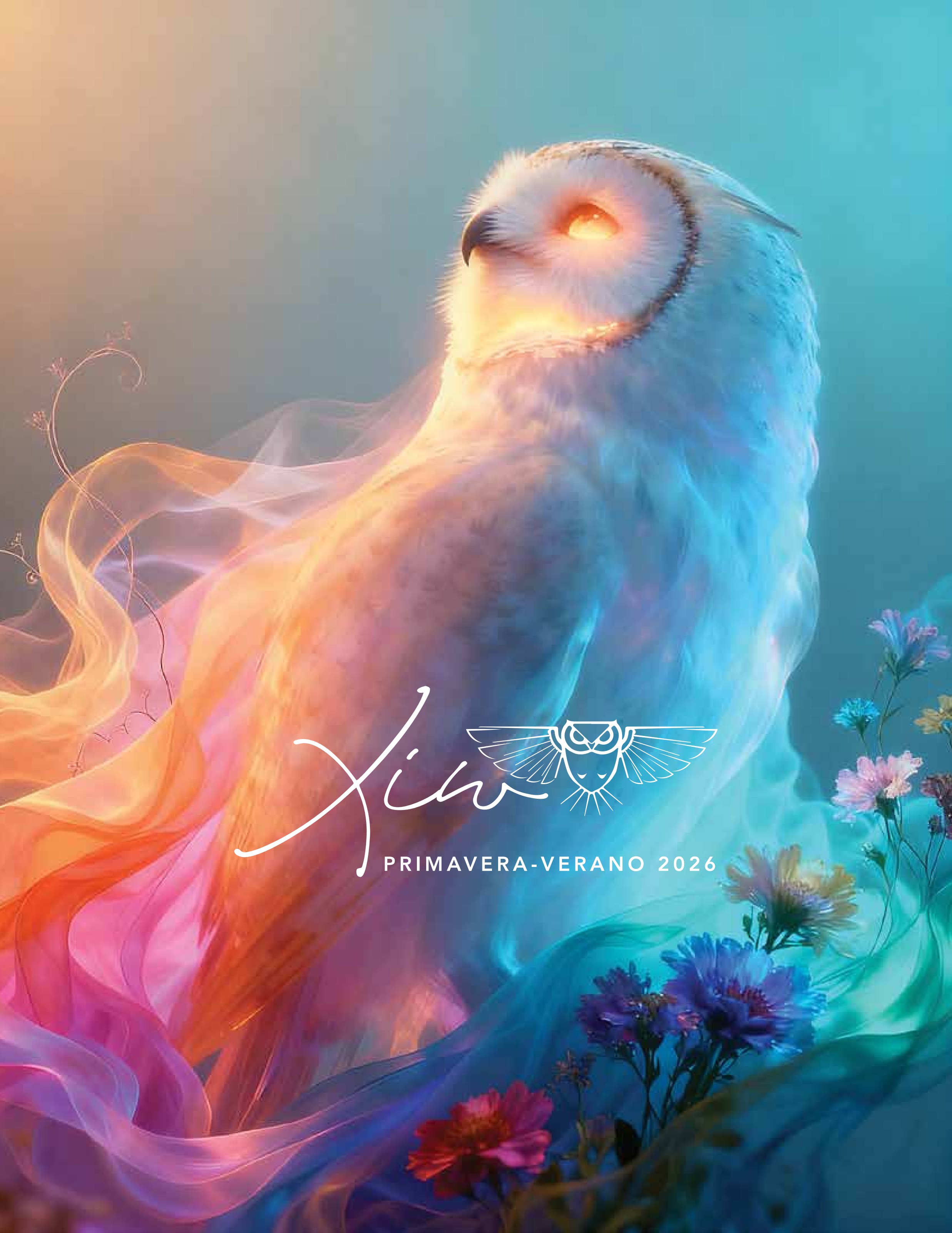 Búho ancestral Xiw envuelto en humo de colores y flores silvestres